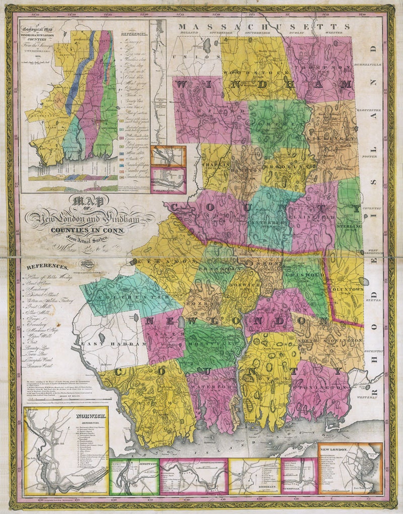 1833 Map of New London & Windham Counties Connecticut