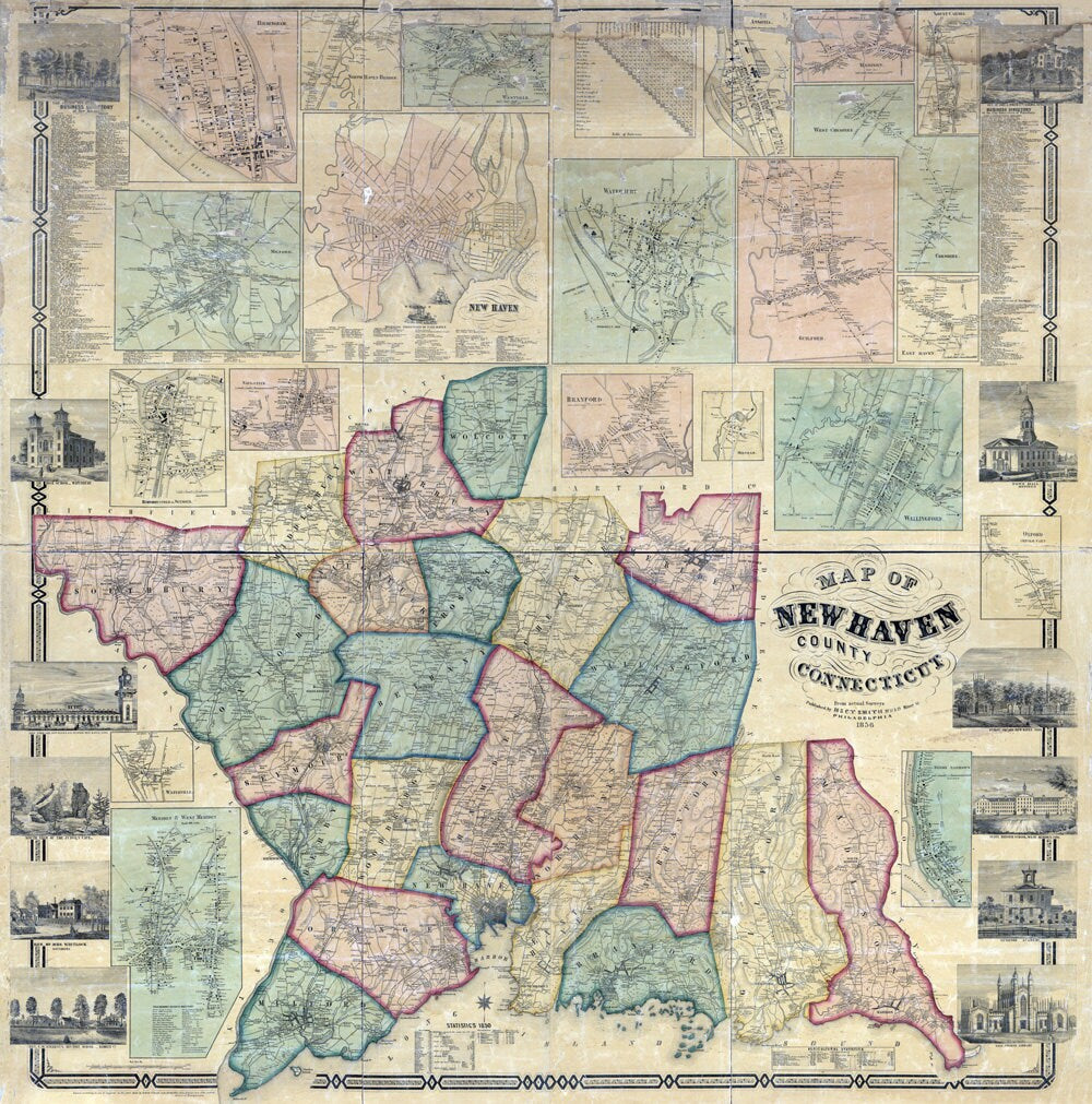 1856 Map of New Haven County Connecticut Genealogy