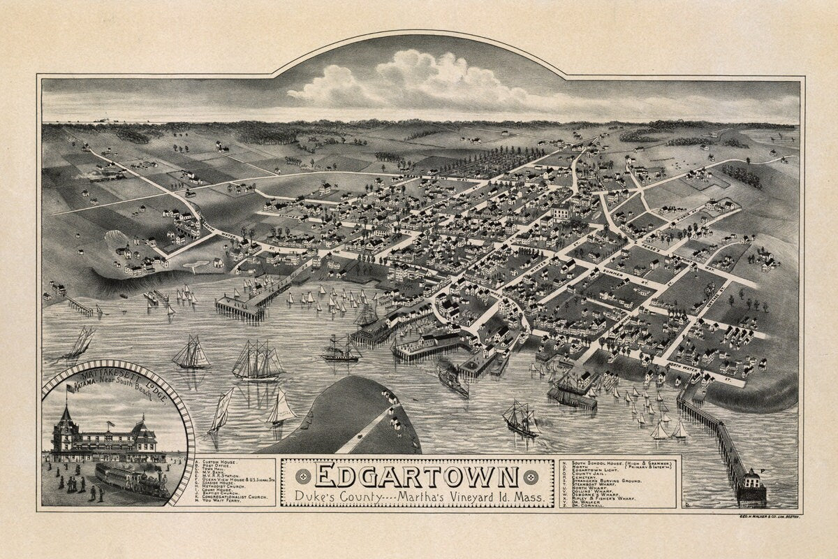 1886 Panoramic Map of Edgartown Duke's County Martha's Vineyard Mass