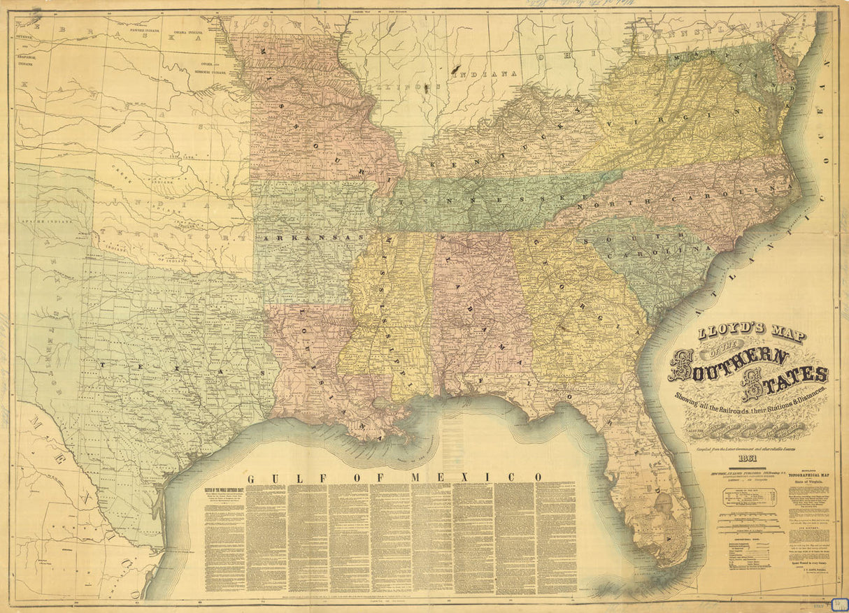 1861 Lloyds Map of the Southern States Showing Railroads Counties Towns and Forts