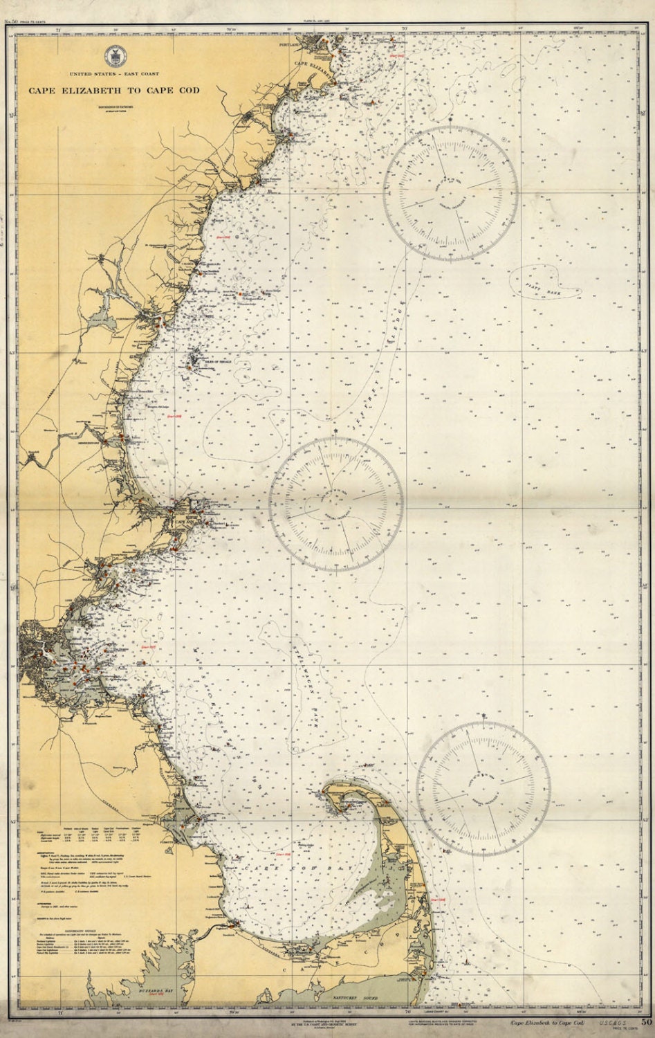 1933 Nautical Chart Map of Cape Elizabeth to Cape Cod