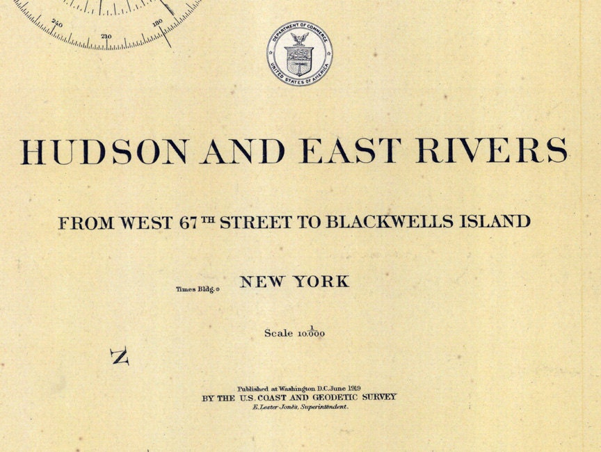 1919 Nautical Chart Map of the Hudson and East Rivers New York Long Island 11 x 14