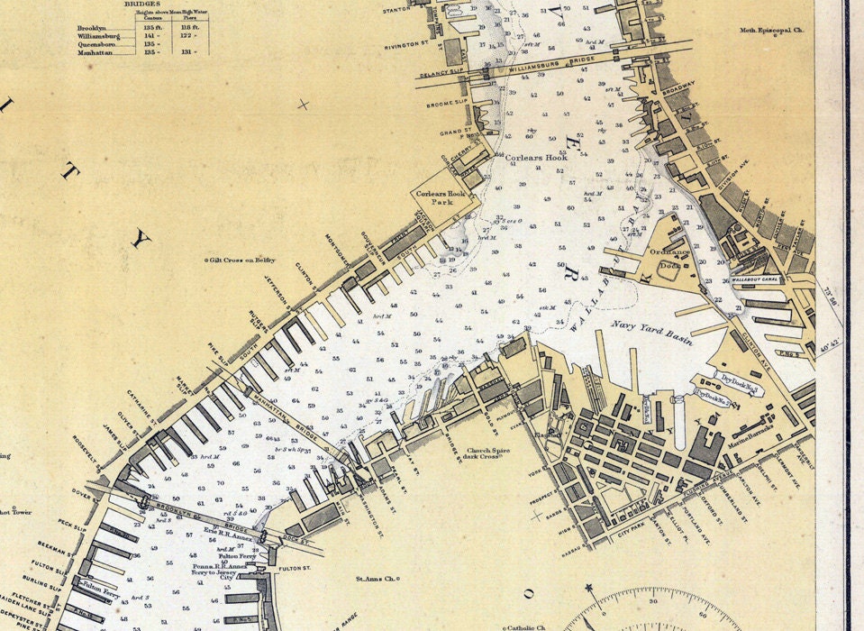 1919 Nautical Chart Map of the Hudson and East Rivers New York Long Island