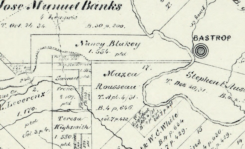 1879 Farm Line Map of Bastrop County Texas