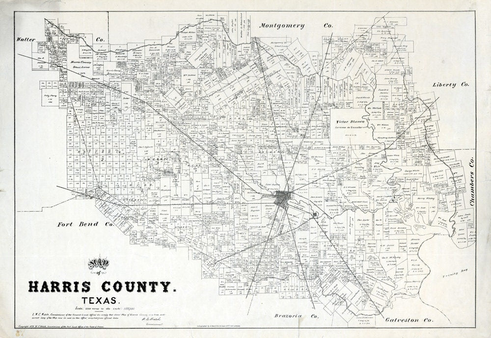 1879 Farm Line Map of Harris County Texas Houston