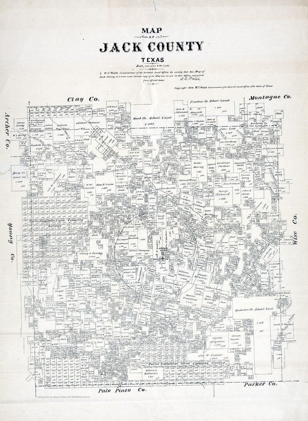 1879 Farm Line Map of Jack County Texas Jacksboro