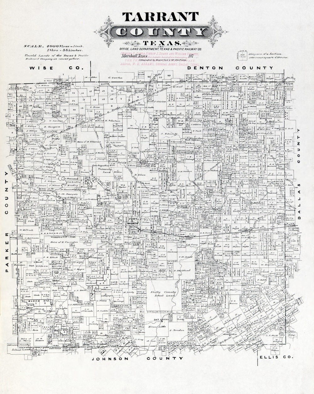 1870 Map of Tarrant County Texas Fort Worth