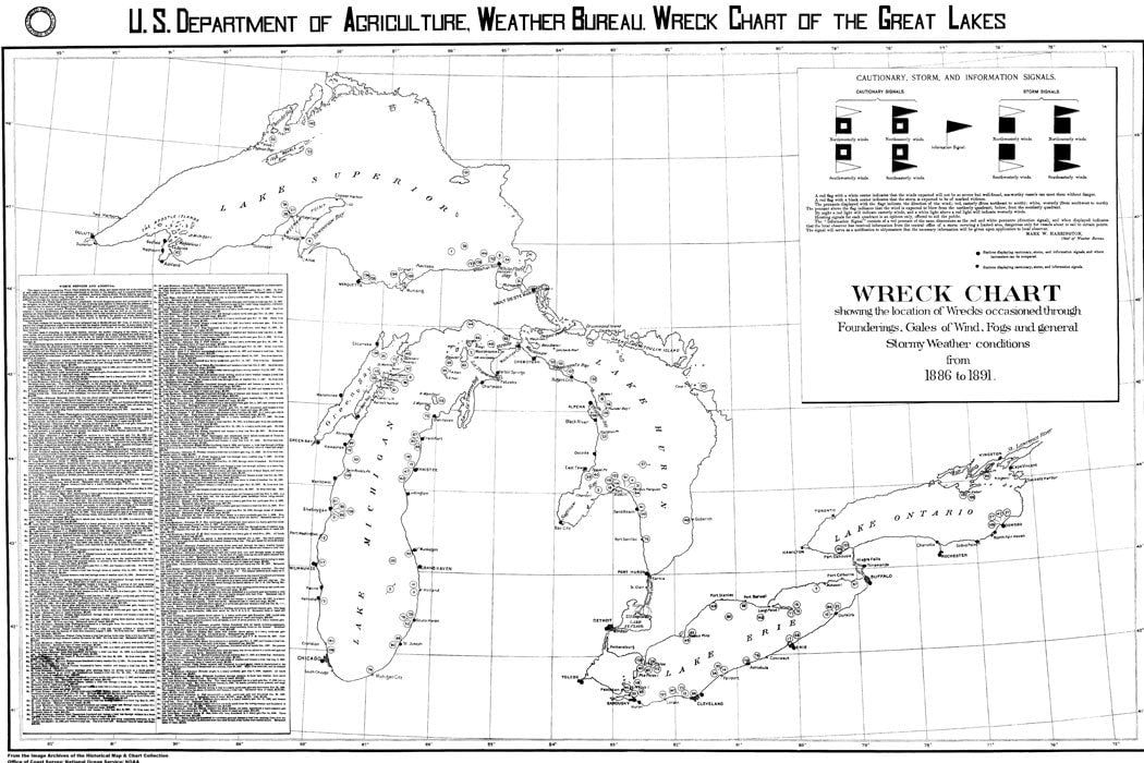 1891 Nautical Map Chart of Ship Wrecks in the Great Lakes Region