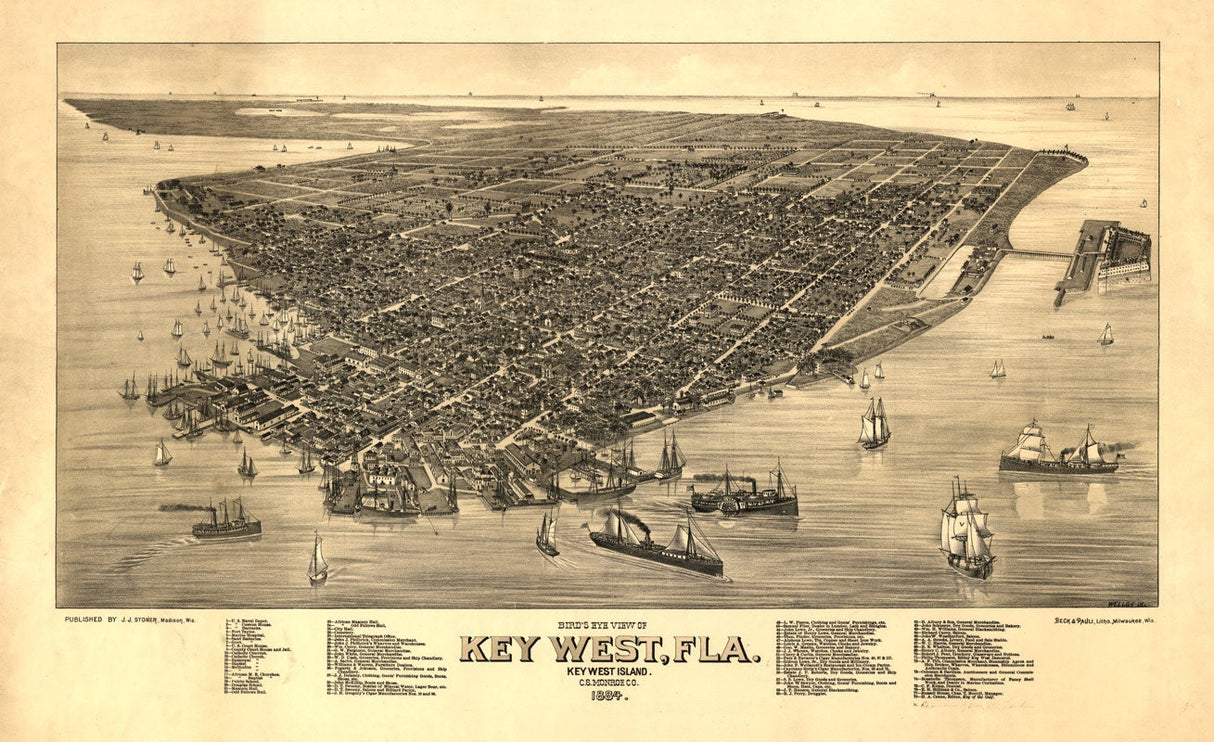 1884 Panoramic Map of Key West Florida Monroe County