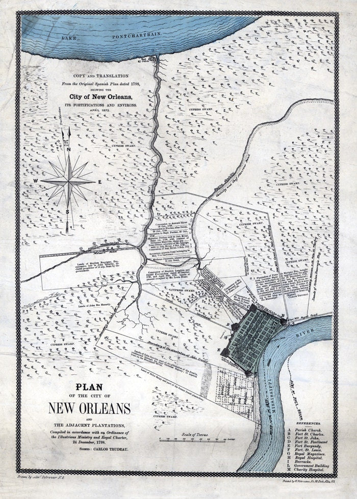 1875 Map of New Orleans Louisiana and Plantations