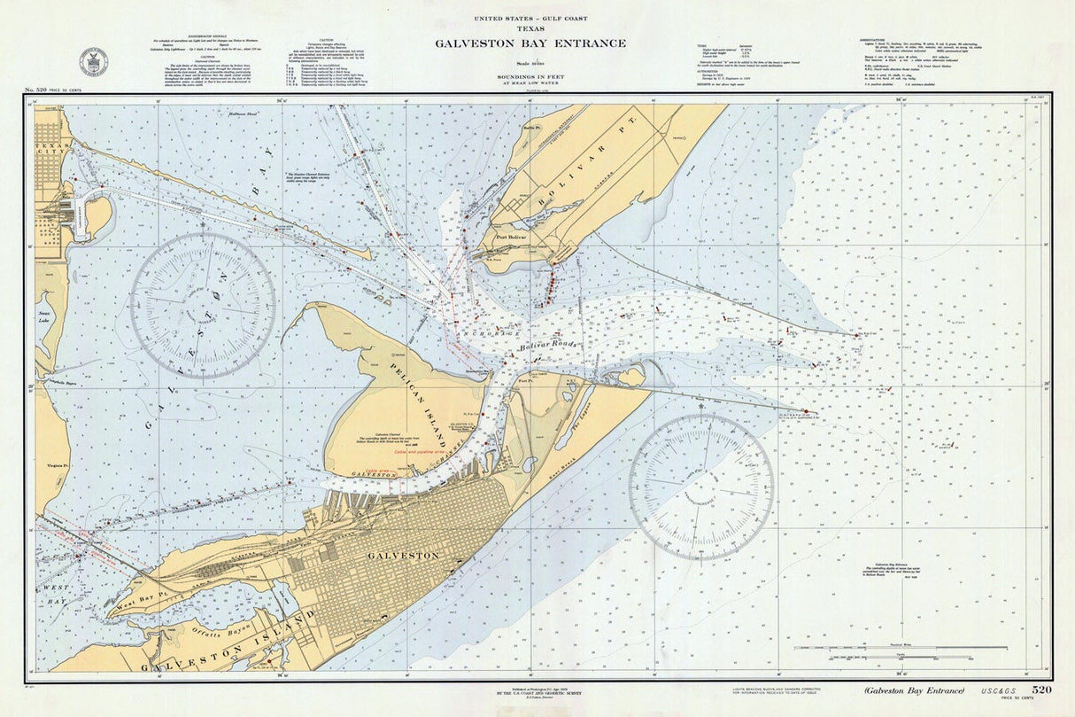 1936 Nautical Map of Galveston Bay Texas