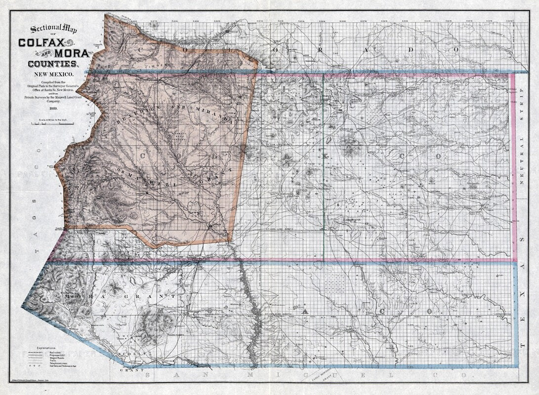 1889 Map of Colfax and Mora County New Mexico