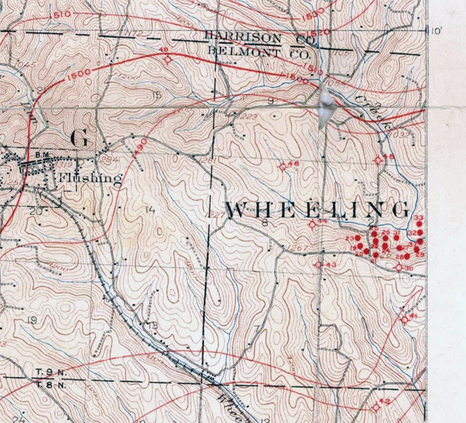 1907 Oil and Gas Map of Flushing Quadrangle Belmont County Ohio