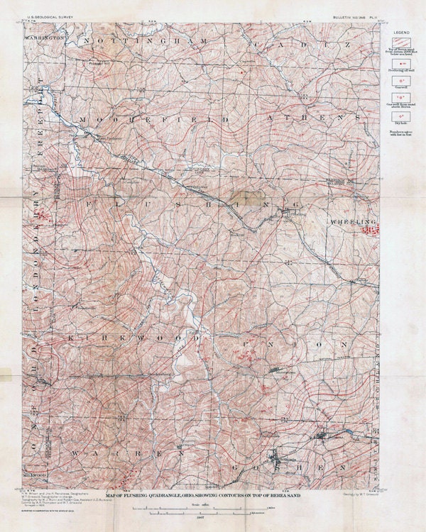 1907 Oil and Gas Map of Flushing Quadrangle Belmont County Ohio