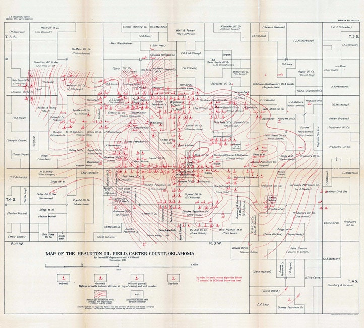 1914 Map of the Healdton Oil Field Carter County Oklahoma Gas & Oil Wells