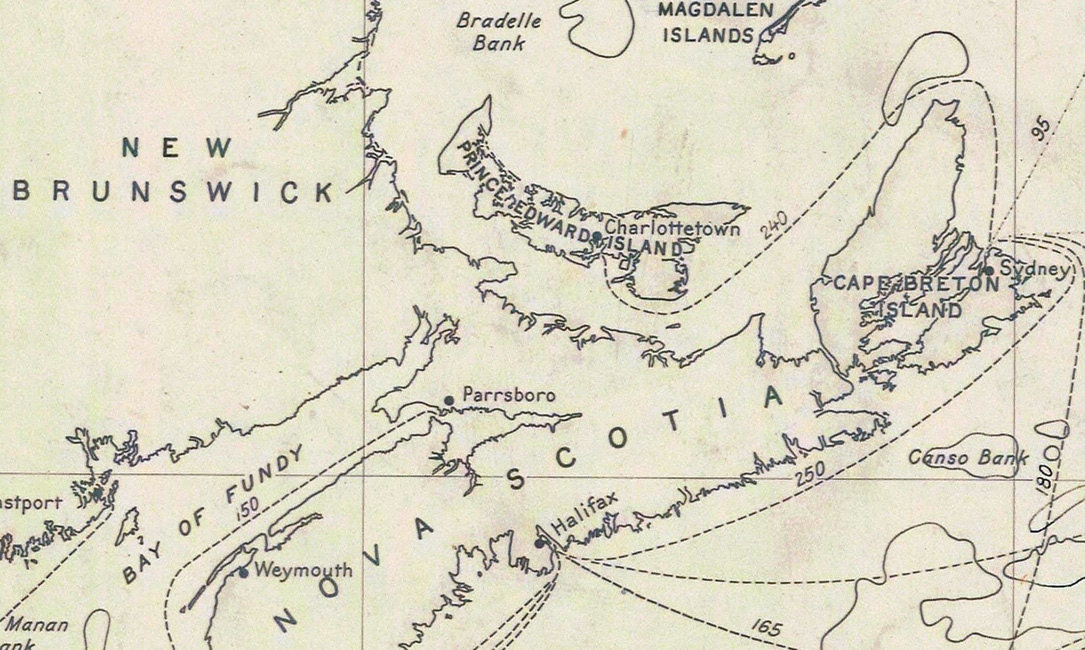 1918 Nautical Chart Map of Atlantic Ocean Fishing Banks New York to Gulf of St Lawrence