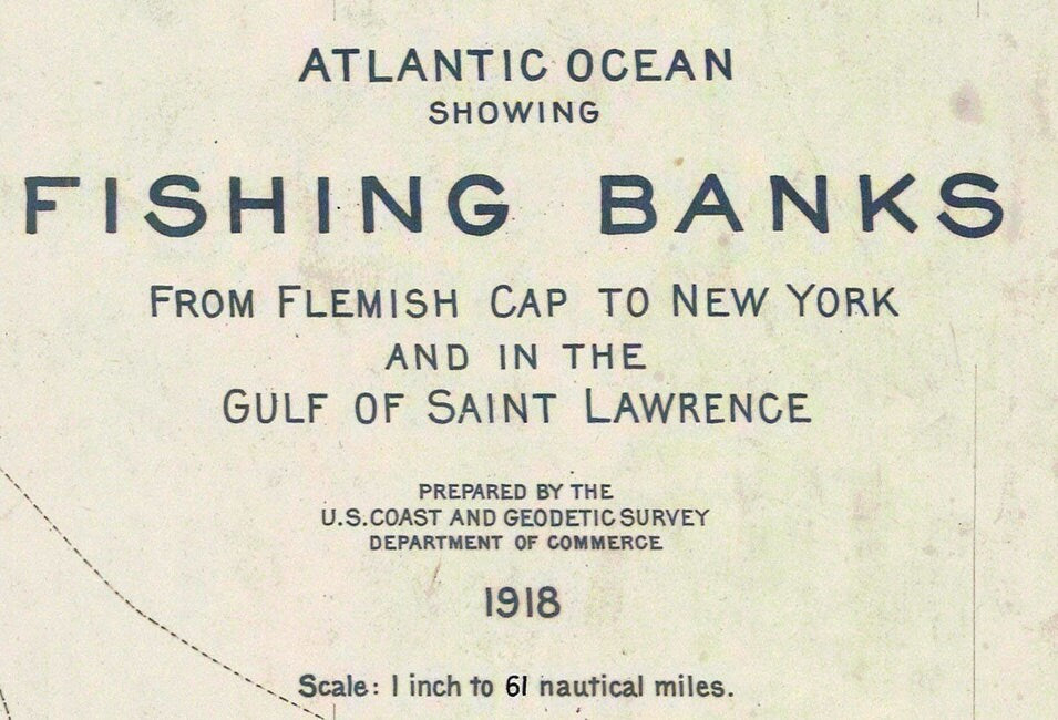 1918 Nautical Chart Map of Atlantic Ocean Fishing Banks New York to Gulf of St Lawrence