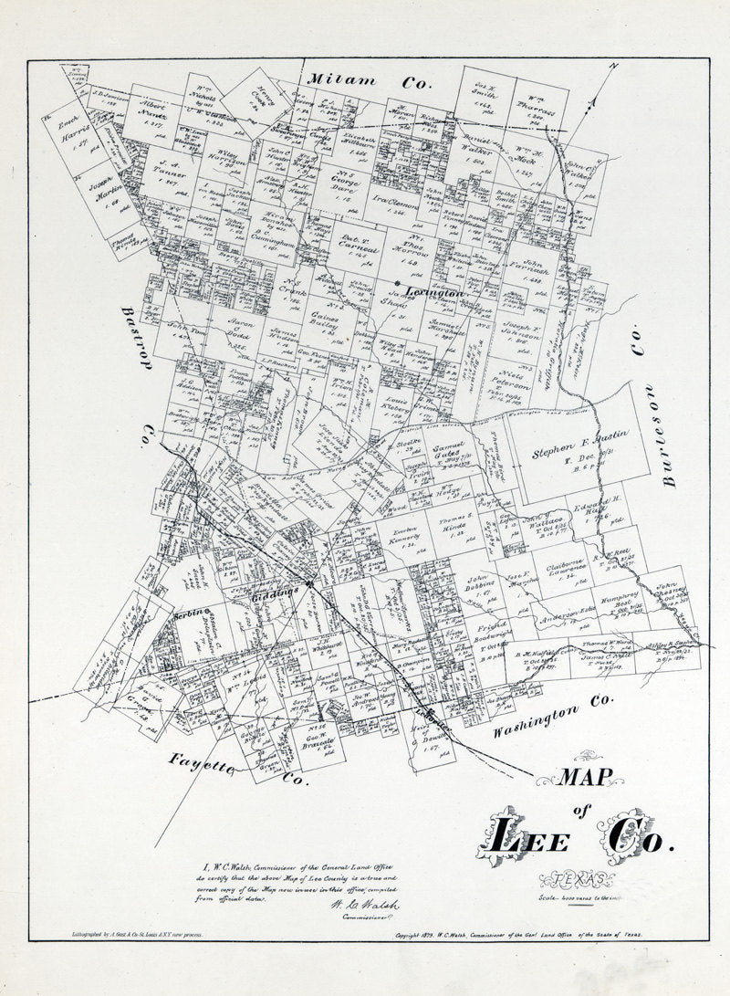 1879 Farm Line Map of Lee County Texas