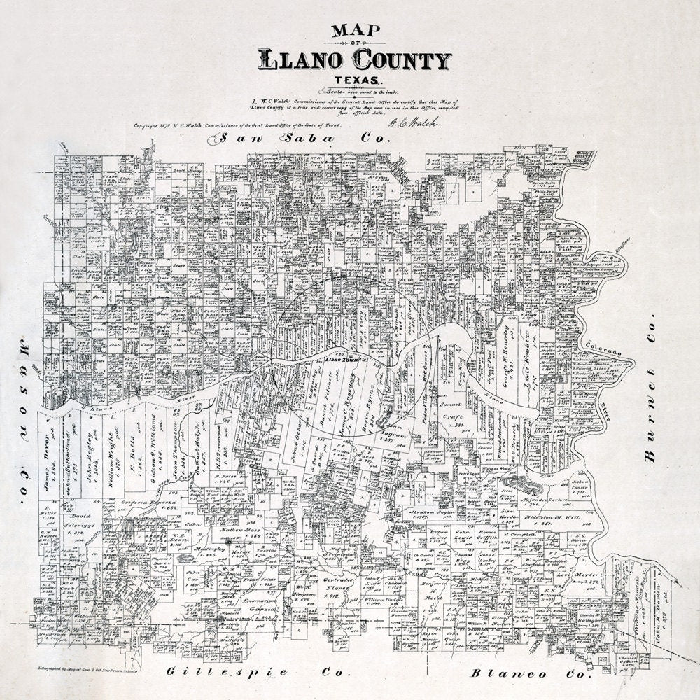 1879 Farm Line Map of Llano County Texas