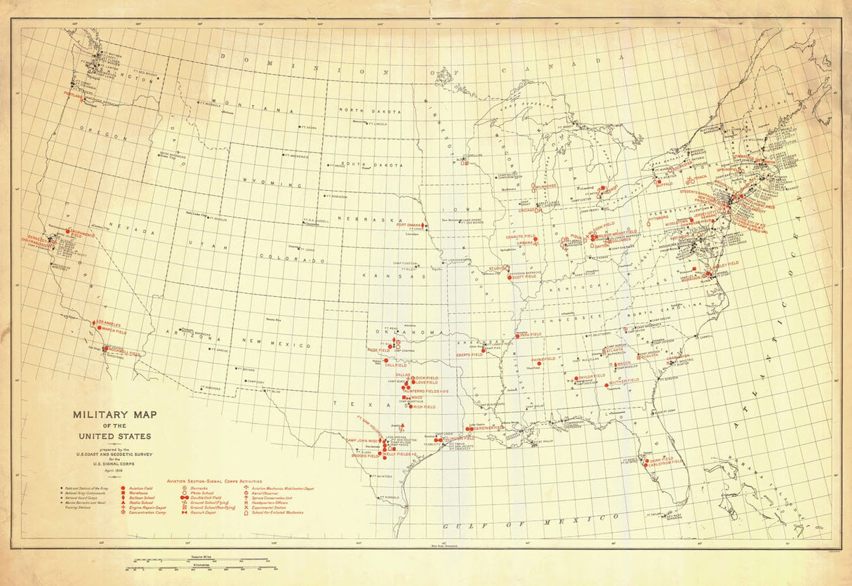 1918 Military Map of the United States