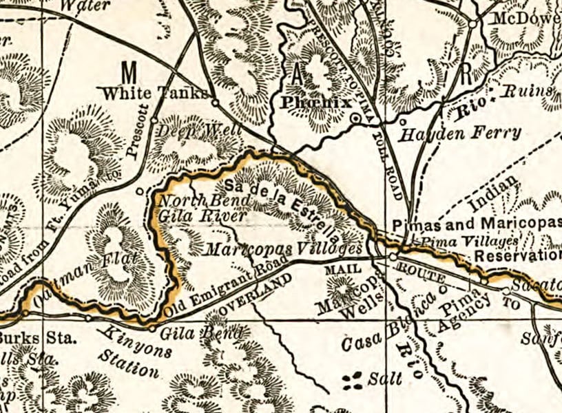 1876 Map of Arizona showing stage lines and counties