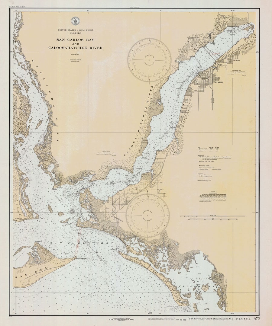 1930 Nautical Map of San Carlos Bay & Caloosahatchee River Florida