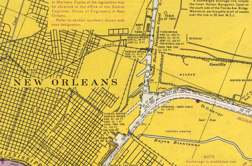 1967 Map of Grand Island Pass to New Orleans