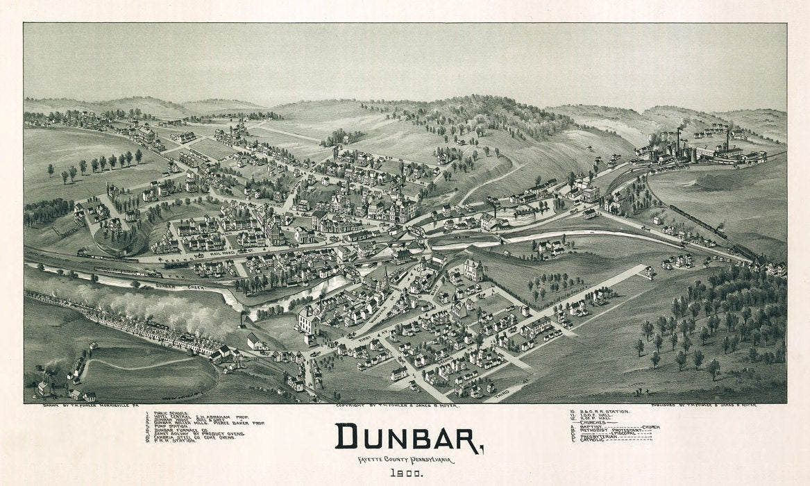 1900 Aerial Map of Dunbar Fayette County Pennsylvania